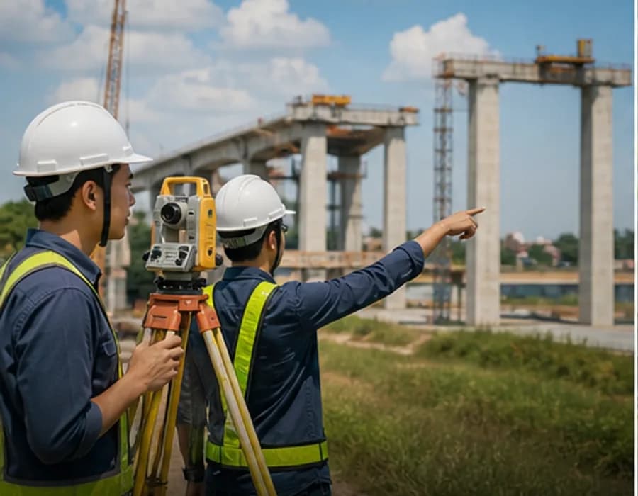 Kegiatan lapangan dengan perlengkapan survei infrastruktur
